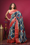 Bengal Gatha ~ Handloom Tussar Silk Saree with Handpainted Art in Blue and Red - verymuchindian.com