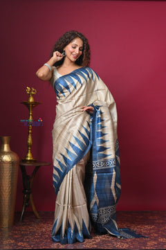 Bengal Gatha ~ Handloom Tussar Silk Saree with Handpainted Art in Off White and Blue - verymuchindian.com