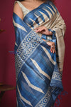 Bengal Gatha ~ Handloom Tussar Silk Saree with Handpainted Art in Off White and Blue - verymuchindian.com