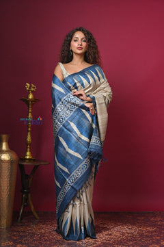 Bengal Gatha ~ Handloom Tussar Silk Saree with Handpainted Art in Off White and Blue - verymuchindian.com