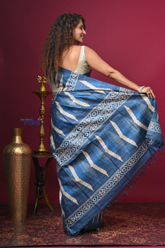 Bengal Gatha ~ Handloom Tussar Silk Saree with Handpainted Art in Off White and Blue - verymuchindian.com