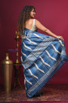Bengal Gatha ~ Handloom Tussar Silk Saree with Handpainted Art in Off White and Blue - verymuchindian.com