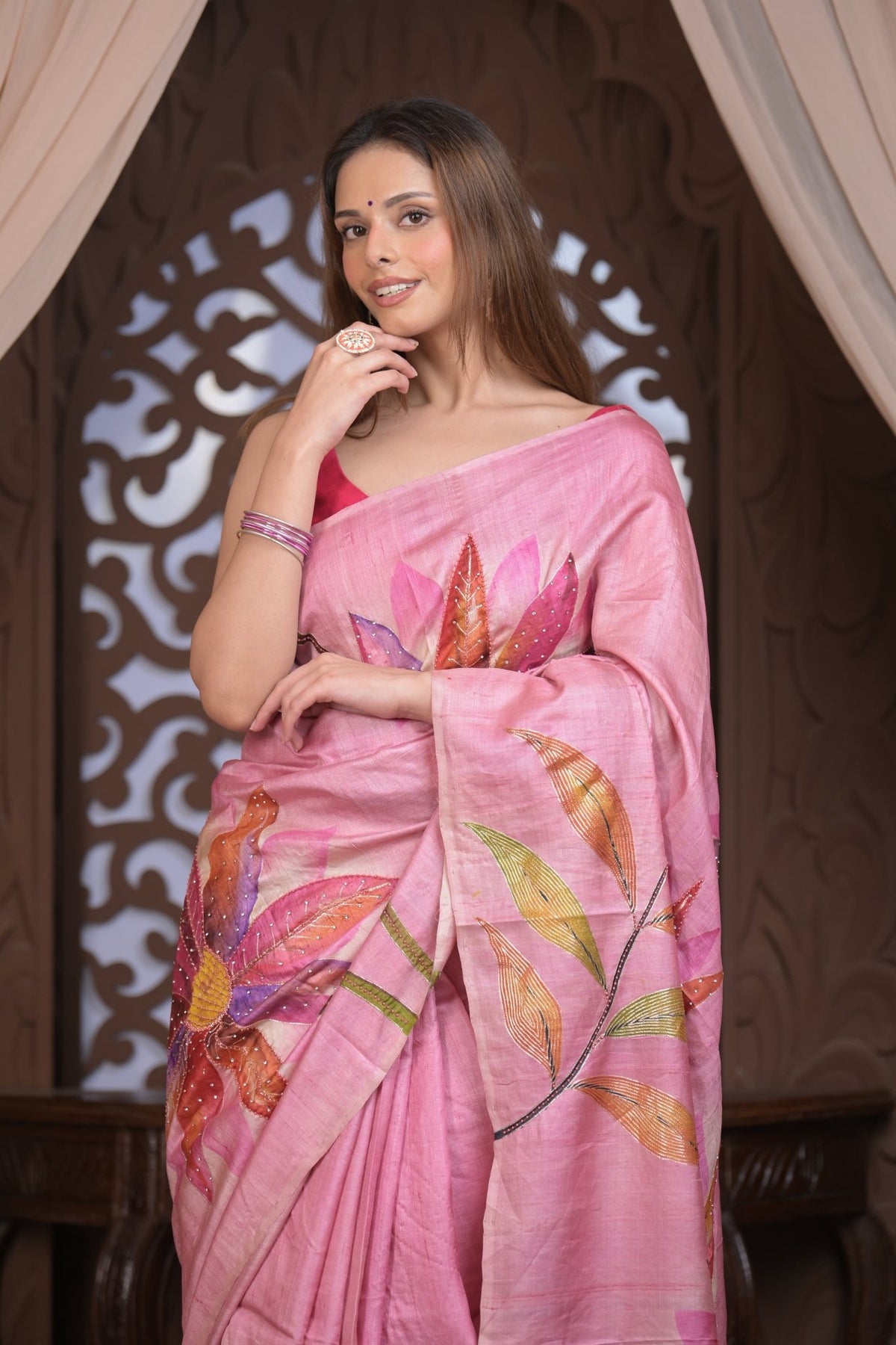 Bengal Gatha ~ Handloom Tussar Silk Saree with Handpainted Floral and Embroidered Art in Blush Pink - verymuchindian.com