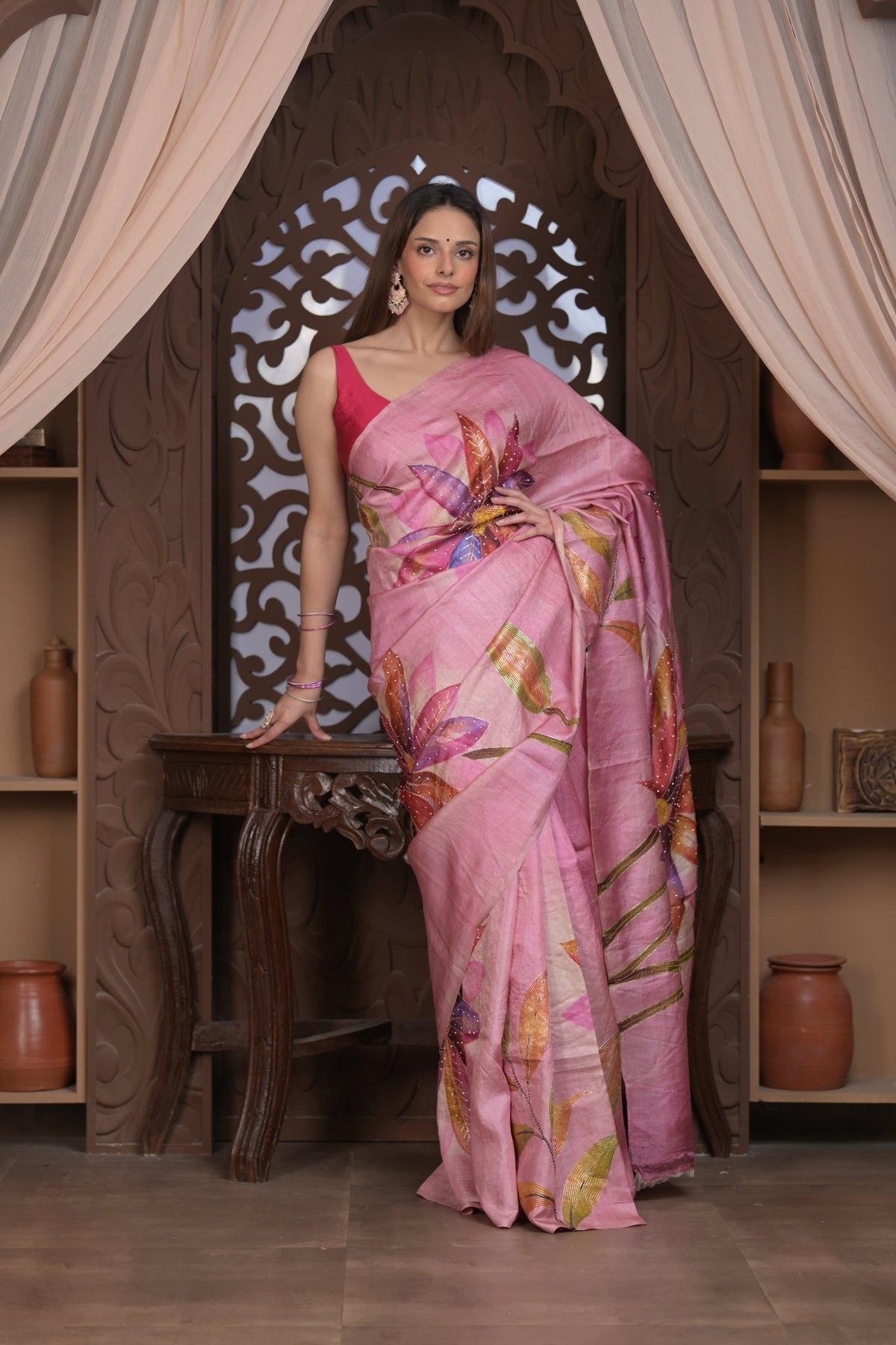 Bengal Gatha ~ Handloom Tussar Silk Saree with Handpainted Floral and Embroidered Art in Blush Pink - verymuchindian.com