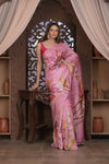 Bengal Gatha ~ Handloom Tussar Silk Saree with Handpainted Floral and Embroidered Art in Blush Pink - verymuchindian.com