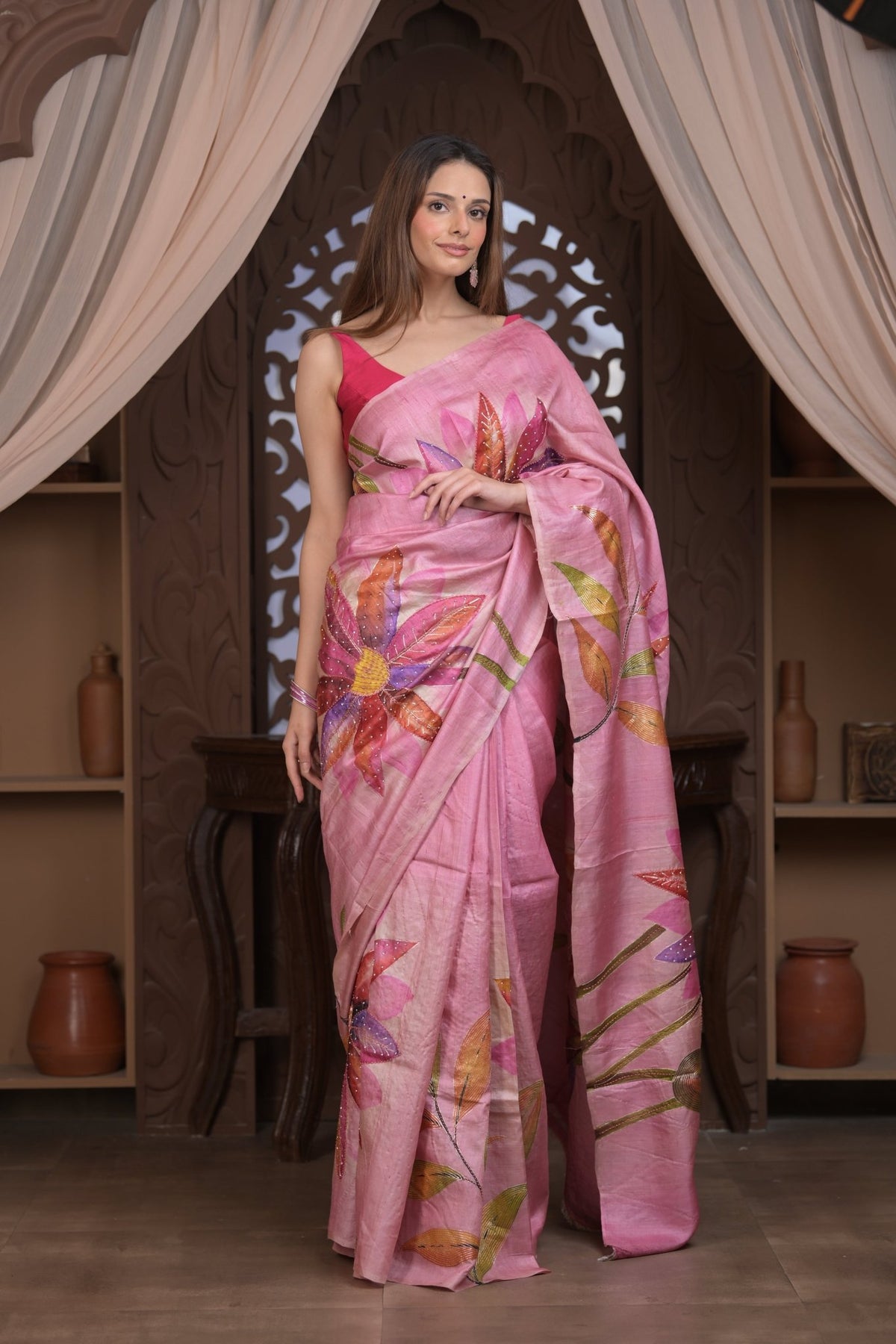Bengal Gatha ~ Handloom Tussar Silk Saree with Handpainted Floral and Embroidered Art in Blush Pink - verymuchindian.com