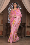 Bengal Gatha ~ Handloom Tussar Silk Saree with Handpainted Floral and Embroidery in Shades of Pink - verymuchindian.com