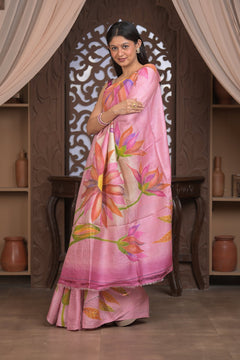 Bengal Gatha ~ Handloom Tussar Silk Saree with Handpainted Floral and Embroidery in Shades of Pink - verymuchindian.com