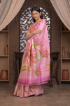 Bengal Gatha ~ Handloom Tussar Silk Saree with Handpainted Floral and Embroidery in Shades of Pink - verymuchindian.com