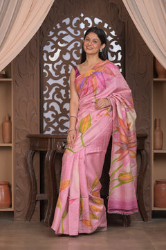 Bengal Gatha ~ Handloom Tussar Silk Saree with Handpainted Floral and Embroidery in Shades of Pink - verymuchindian.com
