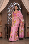 Bengal Gatha ~ Handloom Tussar Silk Saree with Handpainted Floral and Embroidery in Shades of Pink - verymuchindian.com