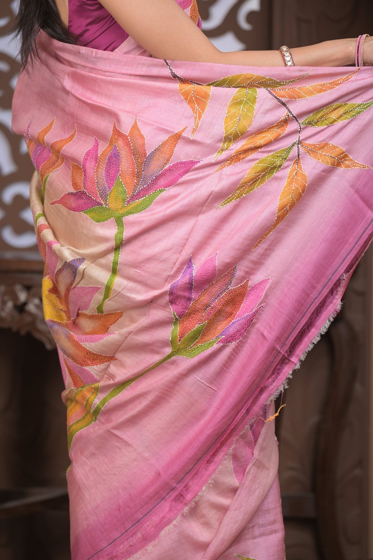 Bengal Gatha ~ Handloom Tussar Silk Saree with Handpainted Floral and Embroidery in Shades of Pink - verymuchindian.com