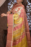 Bengal Gatha ~ Handloom Tussar Silk Saree with Handpainted Floral in Shades of Autumn - verymuchindian.com