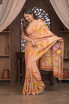 Bengal Gatha ~ Handloom Tussar Silk Saree with Handpainted Floral in Shades of Autumn Orange - verymuchindian.com