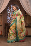 Bengal Gatha ~ Handloom Tussar Silk Saree with Handpainted Floral Pallu in Beige Blue - verymuchindian.com