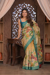 Bengal Gatha ~ Handloom Tussar Silk Saree with Handpainted Floral Pallu in Beige Blue - verymuchindian.com