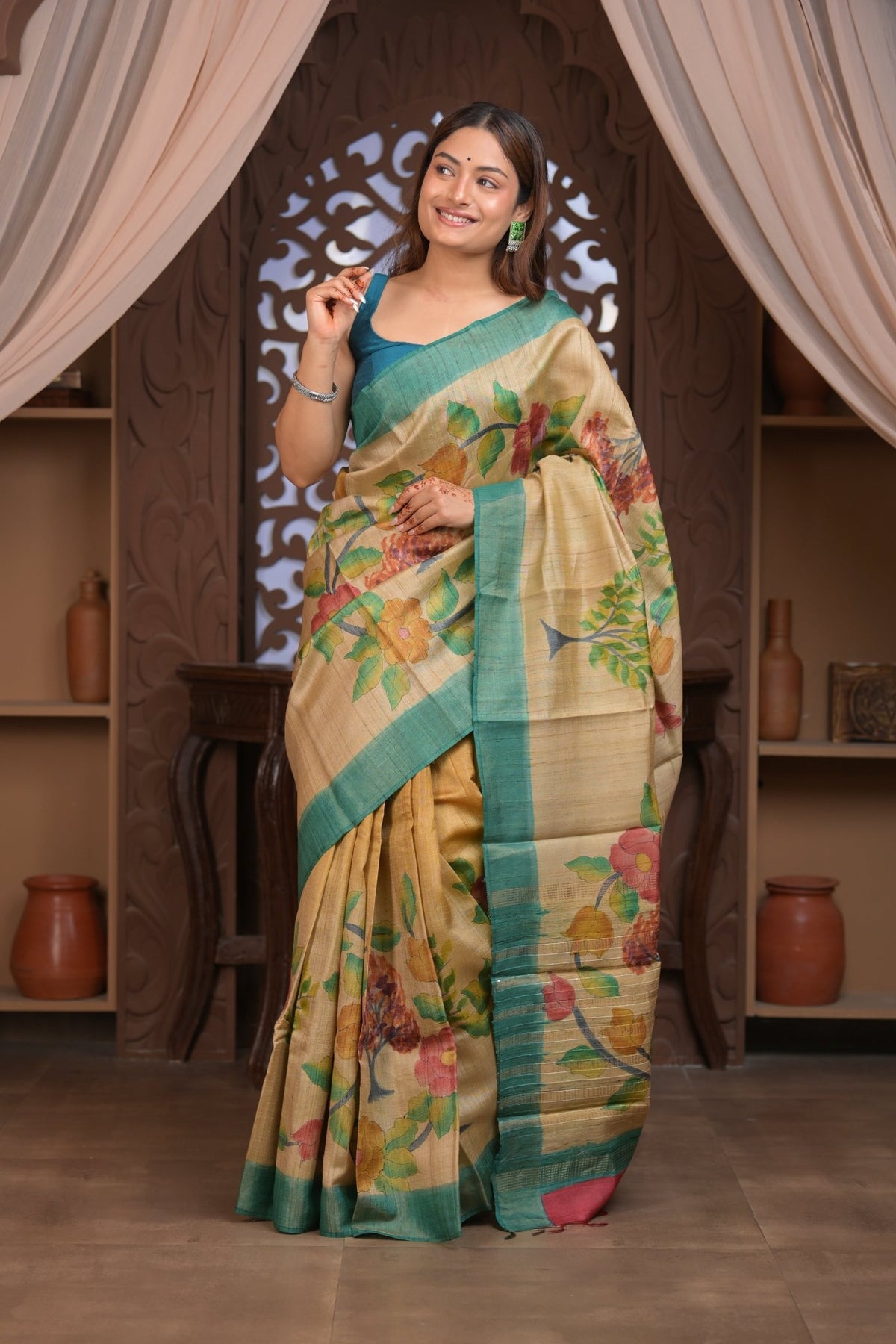 Bengal Gatha ~ Handloom Tussar Silk Saree with Handpainted Floral Pallu in Beige Blue - verymuchindian.com