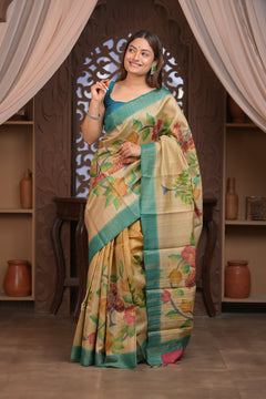 Bengal Gatha ~ Handloom Tussar Silk Saree with Handpainted Floral Pallu in Beige Blue - verymuchindian.com