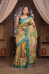 Bengal Gatha ~ Handloom Tussar Silk Saree with Handpainted Floral Pallu in Beige Blue - verymuchindian.com