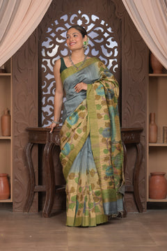 Bengal Gatha ~ Handloom Tussar Silk Saree with Handpainted Leaves in Shades of Grey - verymuchindian.com