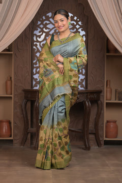 Bengal Gatha ~ Handloom Tussar Silk Saree with Handpainted Leaves in Shades of Grey - verymuchindian.com