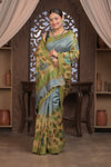 Bengal Gatha ~ Handloom Tussar Silk Saree with Handpainted Leaves in Shades of Grey - verymuchindian.com