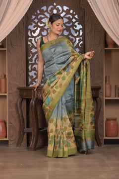 Bengal Gatha ~ Handloom Tussar Silk Saree with Handpainted Leaves in Shades of Grey - verymuchindian.com