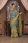 Bengal Gatha ~ Handloom Tussar Silk Saree with Handpainted Leaves in Shades of Grey - verymuchindian.com