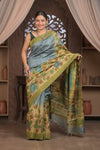 Bengal Gatha ~ Handloom Tussar Silk Saree with Handpainted Leaves in Shades of Grey - verymuchindian.com
