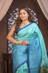Bengal Gatha ~ Handloom Tussar Silk Saree with Handpainted Radha Krishna Pallu in Ocean Blue - verymuchindian.com