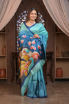 Bengal Gatha ~ Handloom Tussar Silk Saree with Handpainted Radha Krishna Pallu in Ocean Blue - verymuchindian.com