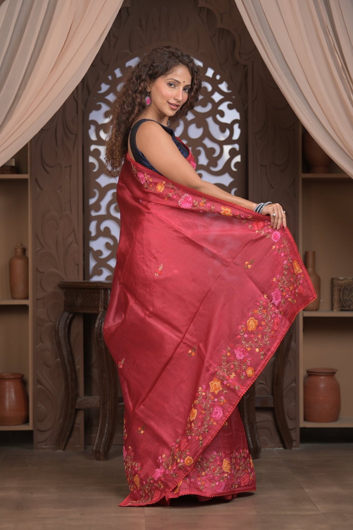 Bengal Gatha ~ Handloom Tussar Silk Saree with Handwoven Floral Kantha Work in Mauve Pink - verymuchindian.com