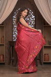 Bengal Gatha ~ Handloom Tussar Silk Saree with Handwoven Floral Kantha Work in Mauve Pink - verymuchindian.com