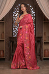 Bengal Gatha ~ Handloom Tussar Silk Saree with Handwoven Floral Kantha Work in Mauve Pink - verymuchindian.com