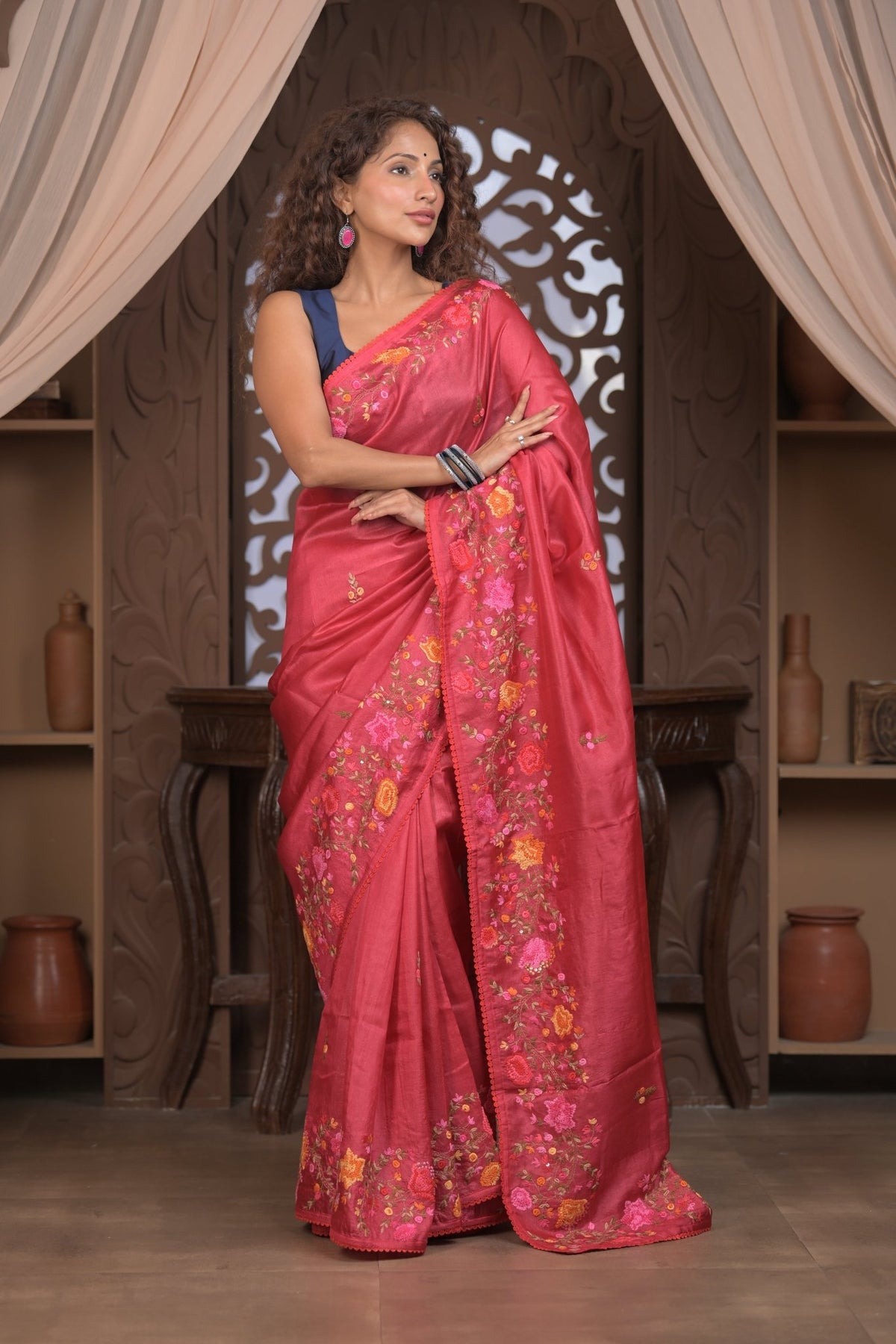 Bengal Gatha ~ Handloom Tussar Silk Saree with Handwoven Floral Kantha Work in Mauve Pink - verymuchindian.com