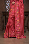 Bengal Gatha ~ Handloom Tussar Silk Saree with Handwoven Floral Kantha Work in Mauve Pink - verymuchindian.com