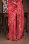 Bengal Gatha ~ Handloom Tussar Silk Saree with Handwoven Floral Kantha Work in Mauve Pink - verymuchindian.com