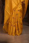 Bengal Gatha ~ Handloom Tussar Silk Saree with Handwoven Kantha Embroidery in Mustard Yellow - verymuchindian.com