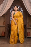Bengal Gatha ~ Handloom Tussar Silk Saree with Handwoven Kantha Embroidery in Mustard Yellow - verymuchindian.com