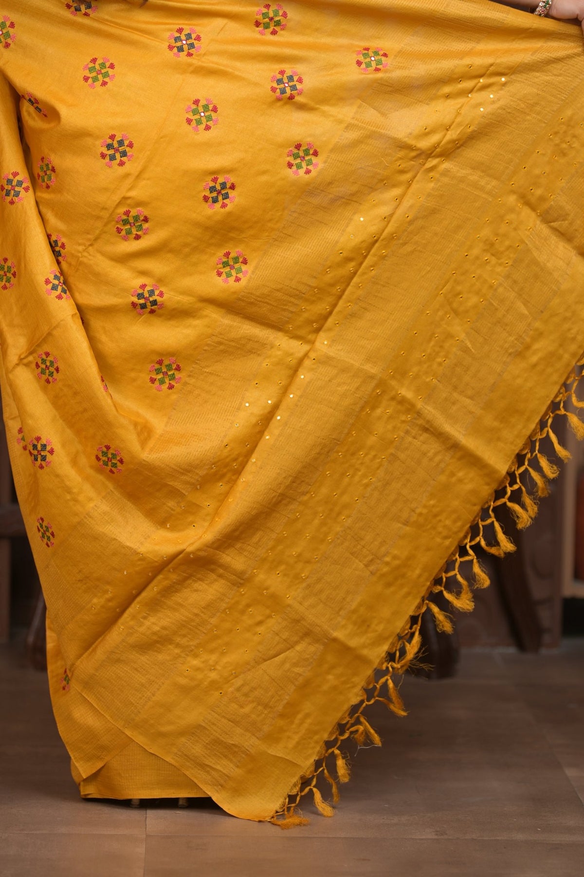 Bengal Gatha ~ Handloom Tussar Silk Saree with Handwoven Kantha Embroidery in Mustard Yellow - verymuchindian.com