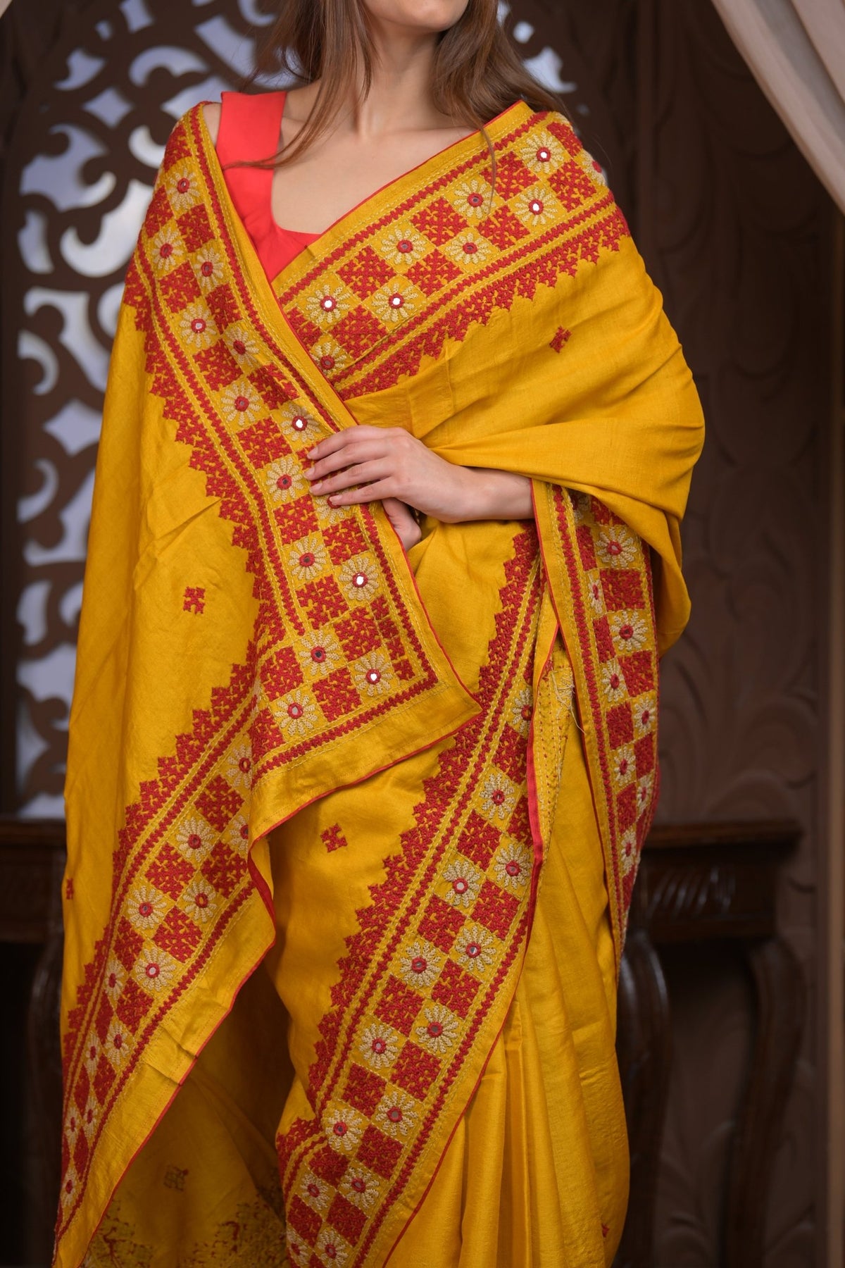 Bengal Gatha ~ Handloom Tussar Silk Saree with Handwoven Kantha Embroidery in Mustard Yellow and Red - verymuchindian.com