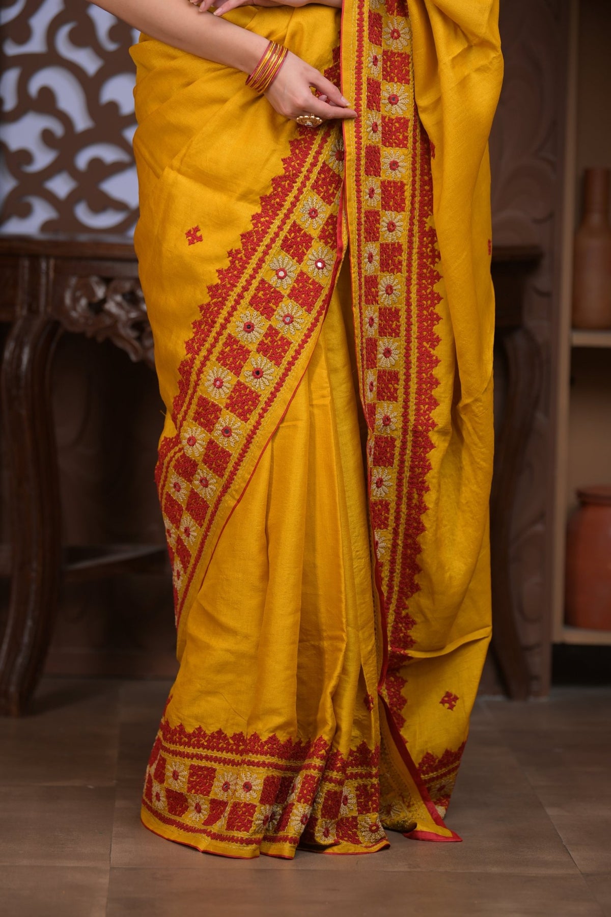 Bengal Gatha ~ Handloom Tussar Silk Saree with Handwoven Kantha Embroidery in Mustard Yellow and Red - verymuchindian.com