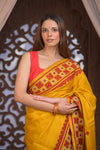 Bengal Gatha ~ Handloom Tussar Silk Saree with Handwoven Kantha Embroidery in Mustard Yellow and Red - verymuchindian.com