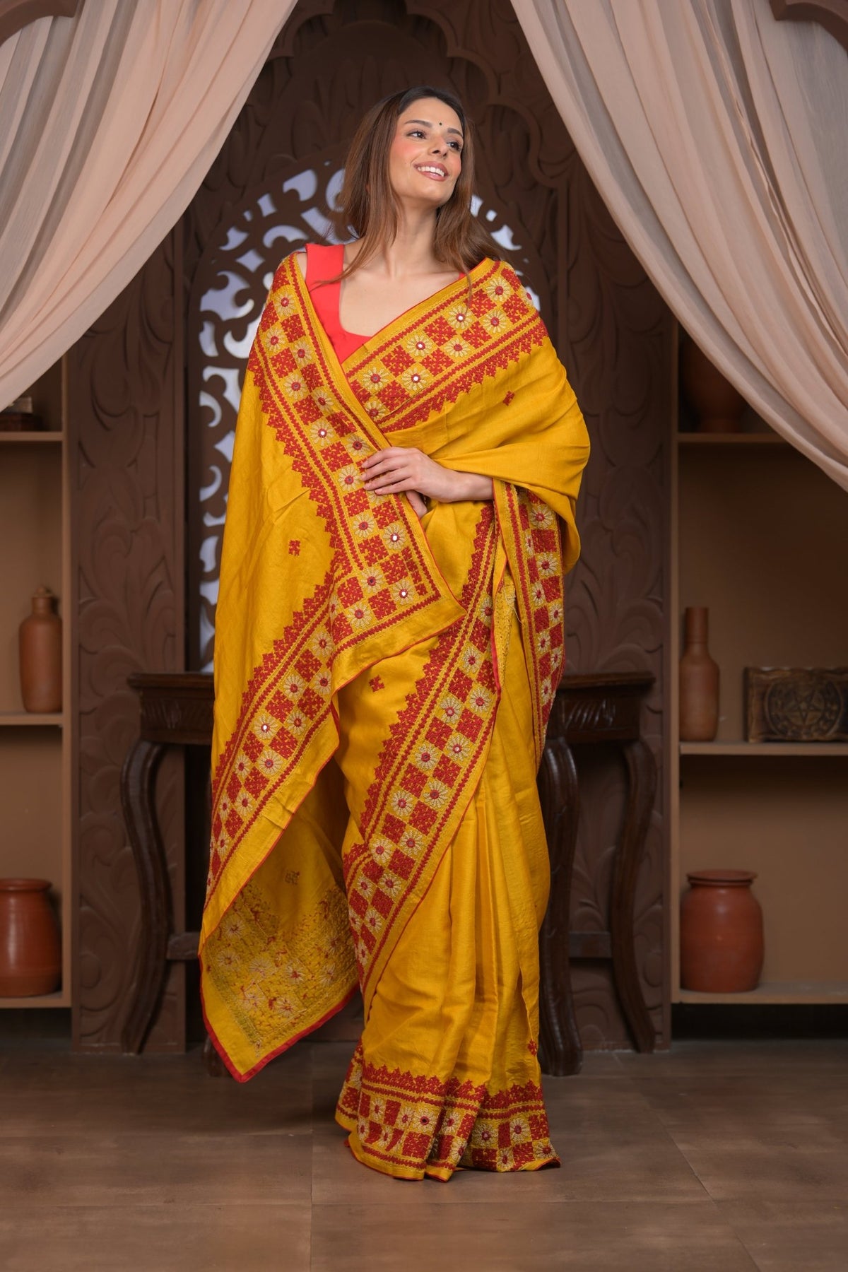 Bengal Gatha ~ Handloom Tussar Silk Saree with Handwoven Kantha Embroidery in Mustard Yellow and Red - verymuchindian.com