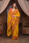 Bengal Gatha ~ Handloom Tussar Silk Saree with Handwoven Kantha Embroidery in Mustard Yellow and Red - verymuchindian.com