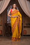 Bengal Gatha ~ Handloom Tussar Silk Saree with Handwoven Kantha Embroidery in Mustard Yellow and Red - verymuchindian.com