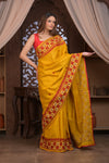 Bengal Gatha ~ Handloom Tussar Silk Saree with Handwoven Kantha Embroidery in Mustard Yellow and Red - verymuchindian.com