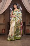 Bengal Gatha ~ Handloom Tussar Silk Saree with Kalamkari Handpainted Art in Off White - verymuchindian.com