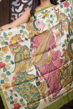 Bengal Gatha ~ Handloom Tussar Silk Saree with Kalamkari Handpainted Art in Off White - verymuchindian.com