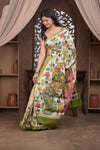 Bengal Gatha ~ Handloom Tussar Silk Saree with Kalamkari Handpainted Art in Off White - verymuchindian.com